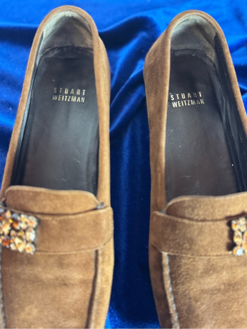 Stuart Weitzman Brown Suede Slip-On Loafers with Jewel Accent - Picture 7 of 10